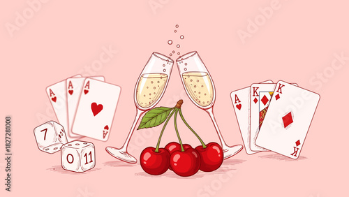 Hand-drawn illustration of two champagne glasses toasting, surrounded by playing cards, dice, and fresh red cherries on a pink background.