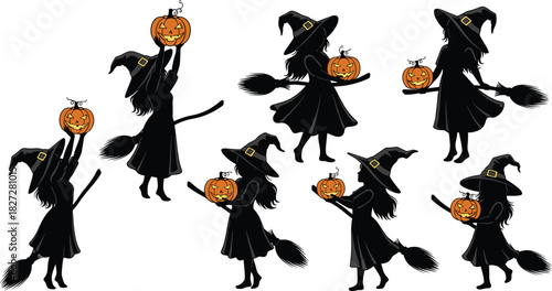 Set of cute witch girl silhouettes holding pumpkins, Halloween broomstick characters, festive autumn illustration, spooky cartoon vector art design