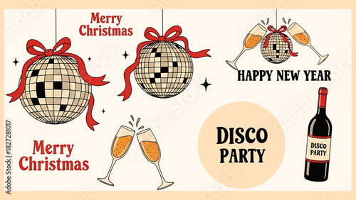 Festive illustration featuring disco balls, champagne glasses, and a wine bottle, celebrating Christmas and New Year.