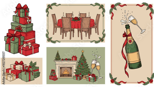 Festive Christmas illustrations featuring gifts, a dining table, champagne, and a decorated fireplace.