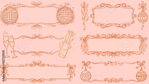 Hand-drawn festive frames and borders with party elements like disco balls, champagne, and ornaments on a pink background.