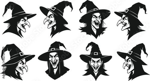 Set of evil witch head silhouettes with hats, angry faces, Halloween horror character design, spooky vector illustration, dark fantasy art