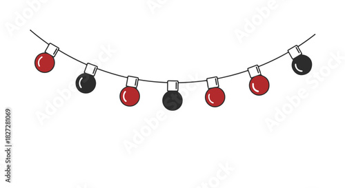 Decorative red and black globe string lights banner element for holidays and parties isolated PNG with Transparent Background
