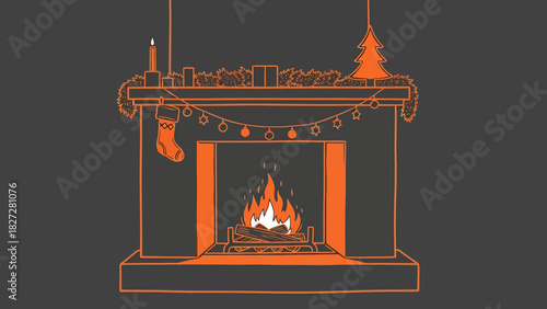 A cozy Christmas fireplace illustration with a warm fire, stocking, garland, and festive lights on a dark background.