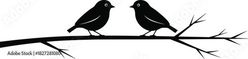 Silhouette birds on tree branch, minimalistic nature art, black and white wildlife illustration, romantic love birds design, simple decorative artwork