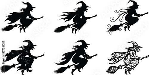 Silhouette collection of flying witches on broomsticks, Halloween witch vector illustration, spooky female sorceress, magical broom flight, fantasy design