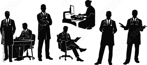 Silhouette group of doctors and medical professionals working, consulting, and analyzing data, healthcare teamwork illustration for hospital and clinic concept