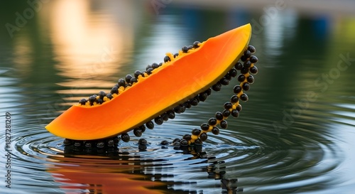 Orange papaya slice with black seeds floating on rippled water