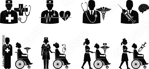 Silhouette illustration of doctors and nurses caring for patients in wheelchairs, healthcare service concept, hospital medical support and teamwork communication