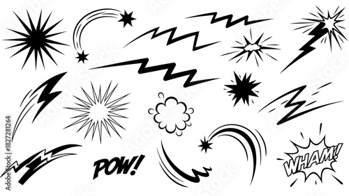 Comic book style graphic elements: stars, explosions, lightning, speed lines, and sound effects.