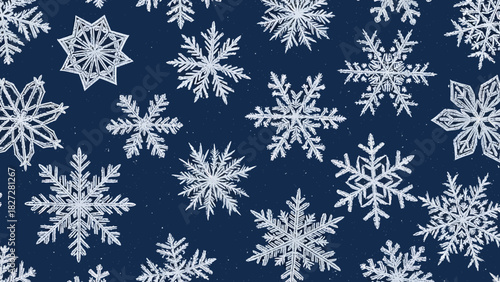 Close-up animation of diverse and detailed white snowflakes creating a festive winter pattern on a blue background.