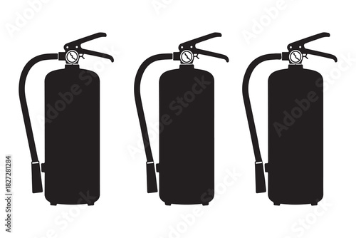  Three black fire extinguishers arranged in a row presented in a stark silhouette style