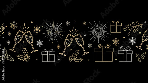 A festive seamless pattern with champagne glasses, fireworks, gifts, and holly on a black background, perfect for holiday celebrations.