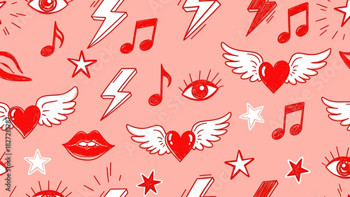 A vibrant pattern featuring hearts with wings, musical notes, lightning bolts, eyes, stars, and lips.