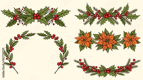 Christmas floral decorations: holly, poinsettia, and berries arrangements.