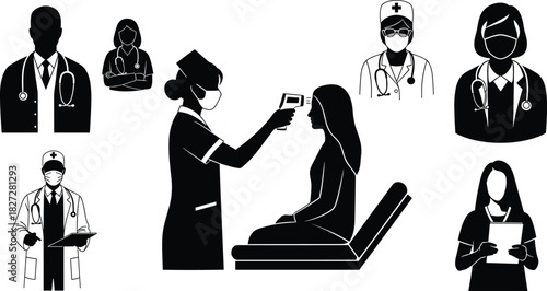 Silhouette illustration of doctors and nurses wearing masks checking patient temperature, medical staff healthcare concept for hospital, clinic and safety design