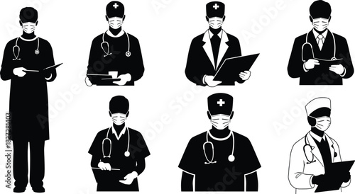 Silhouette of doctors and nurses wearing medical masks, healthcare professionals with stethoscopes, hospital staff illustration for medical concept design