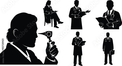 Silhouette of doctors with stethoscope and medical tools, healthcare professionals discussing reports, hospital examination and diagnosis illustration concept