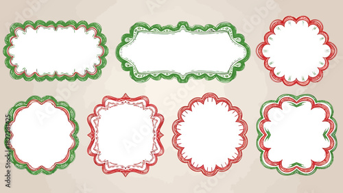 Collection of hand-drawn vintage frames and labels with red and green scalloped borders.