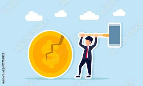 Businessman hitting a dollar coin with a large hammer until it cracks illustration of financial inflation or damaged global currency valuation
