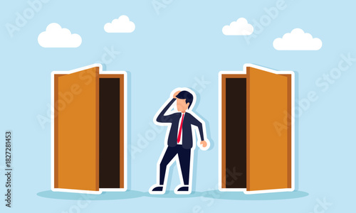 Businessman confused about choosing which door to enter illustration of decision making in selecting business project options