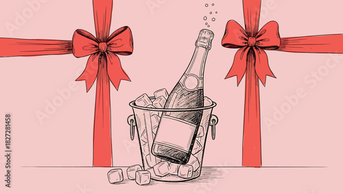 Hand-drawn illustration of a champagne bottle in an ice bucket with red bows, symbolizing celebration and gifts.