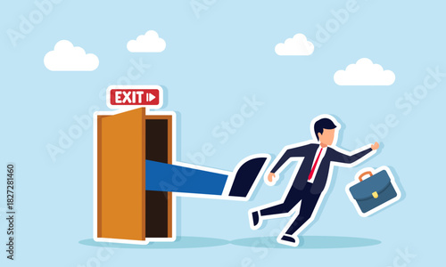 Businessman being pushed out of a room illustration of leaving business cooperation and collaboration