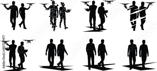 Silhouette people using drone technology for aerial photography, innovation, teamwork, and modern digital communication in outdoor environment, futuristic tech concept
