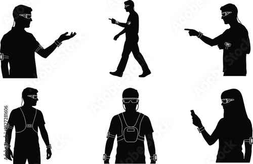 Silhouette people wearing augmented reality glasses and smart wearable technology devices, future digital lifestyle, innovation, virtual reality concept, modern technology