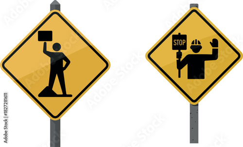 Two yellow diamond signs depicting construction workers holding signs on metal poles