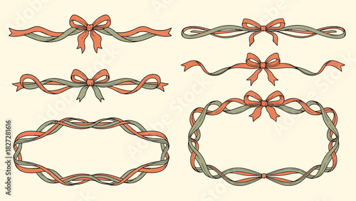 Elegant vector illustration featuring decorative ribbons and bows in various shapes and arrangements.