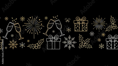 Festive New Year's Eve border with champagne, gifts, fireworks, and snowflakes.