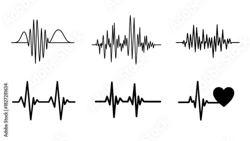 A collection of various wave forms, including sound waves and heartbeat EKG lines on a white background.