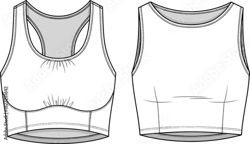 Sports bra technical sketch, front and back view, racerback design, CAD fashion flat, vector illustration, garment construction, athletic wear