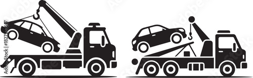 Two tow trucks carrying cars depicted in black and white vector illustration