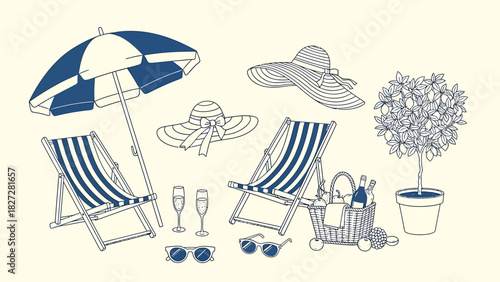 A collection of hand-drawn, vintage-style summer beach and picnic essentials for relaxation and vacation.