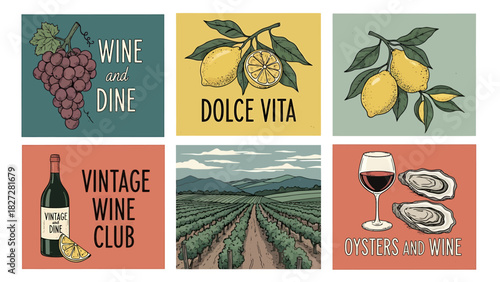 Collection of vintage illustrations featuring wine, lemons, vineyards, and related elements for design.