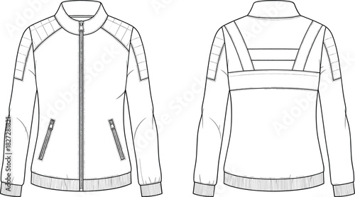 Technical fashion flat sketch of sporty quilted jacket, front and back view, CAD drawing, vector illustration, garment design template