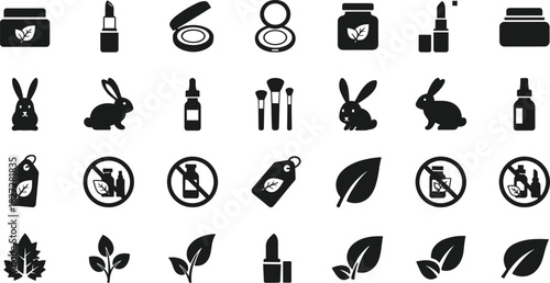 Black silhouette icons set of natural cosmetics, cruelty free rabbits, organic leaves, and makeup products, vector illustration for eco beauty packaging design