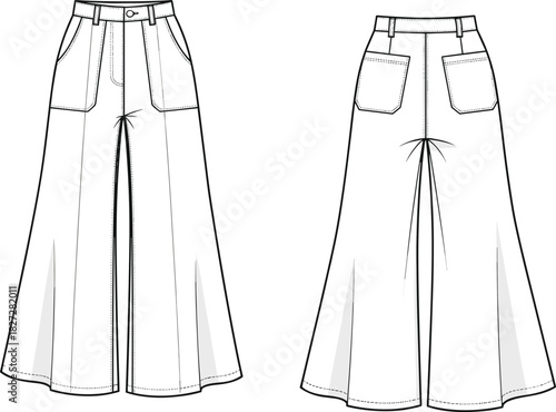 Wide leg women pants technical flat sketch, fashion cad drawing, vector illustration, stylish trouser design, apparel template for clothing production