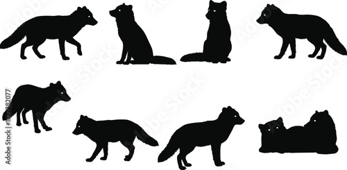 Wolf silhouette collection vector, wild dog poses, walking and sitting wolves, forest animal art, wildlife illustration, black silhouette design set