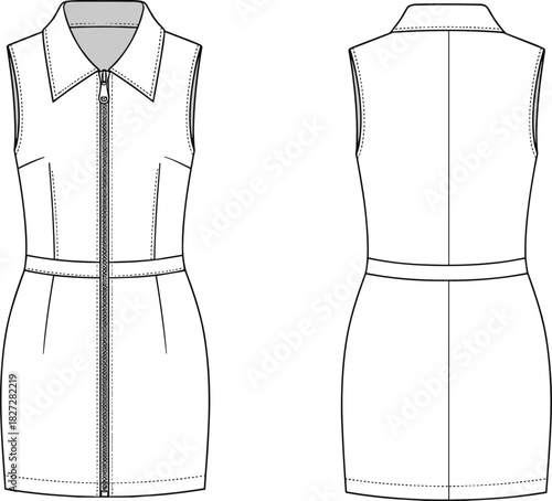 Women sleeveless collared zip dress technical flat sketch, fashion cad drawing, vector illustration, apparel design, clothing template for production use