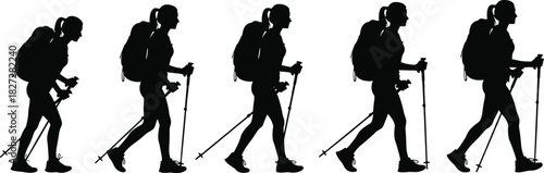Black silhouettes of woman hiking with trekking poles and backpack, walking cycle sequence for animation, isolated vector illustration on white background