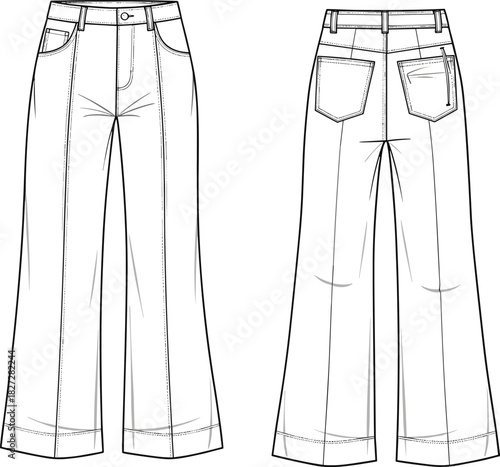 Women’s straight leg jeans technical flat sketch, high waist denim pants fashion design template, front and back view, CAD vector illustration