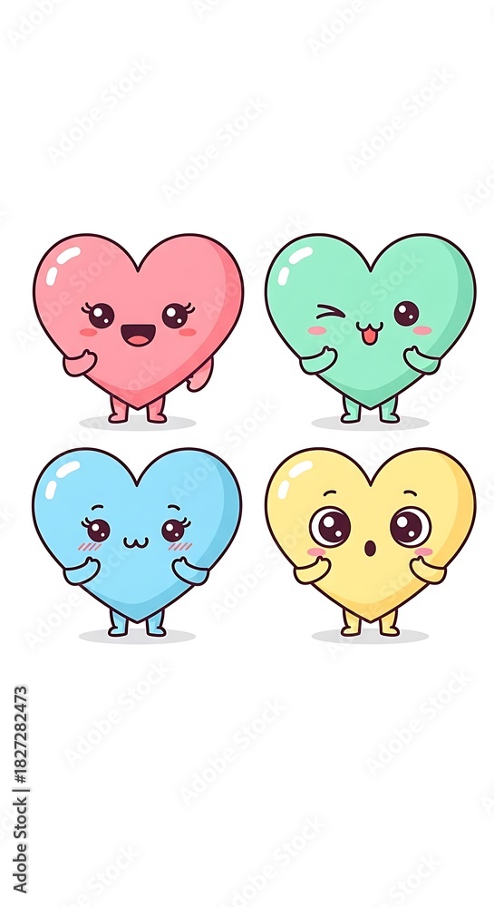Obraz premium Cute Cartoon Hearts with Various Expressions and Pastel Colors.