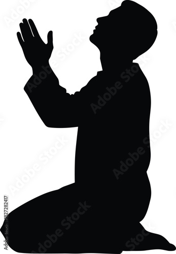 Silhouette of a man praying on his knees, hands raised in worship, black vector illustration isolated on white background for religious design, faith concept