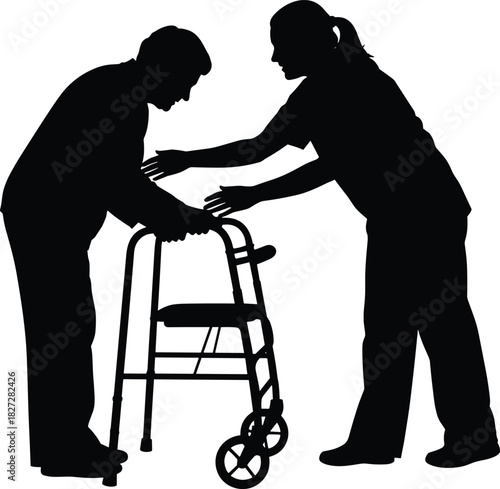Caretaker helping senior man with walker, female nurse assisting elderly person, physical therapy, health support, and rehabilitation concept, black vector silhouette illustration, isolated on white.