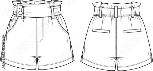 Women's Paperbag Waist Shorts Flat Sketch Fashion Technical Drawing Vector CAD