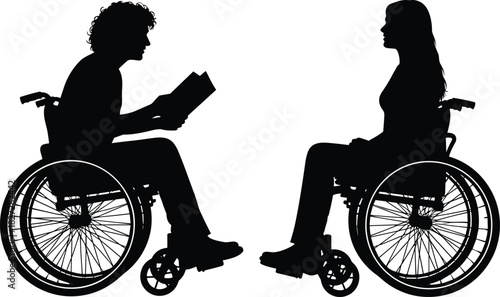 Silhouette of disabled man and woman sitting in wheelchairs facing each other, vector illustration isolated on white background for medical, healthcare, accessibility design