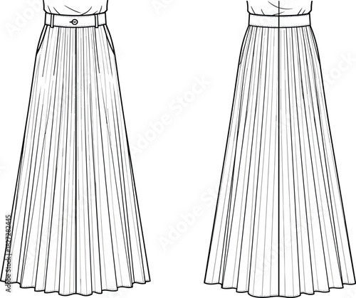 Women's pleated long skirt technical flat, maxi skirt CAD template, fashion vector illustration, sewing pattern, clothing design, apparel flat sketch